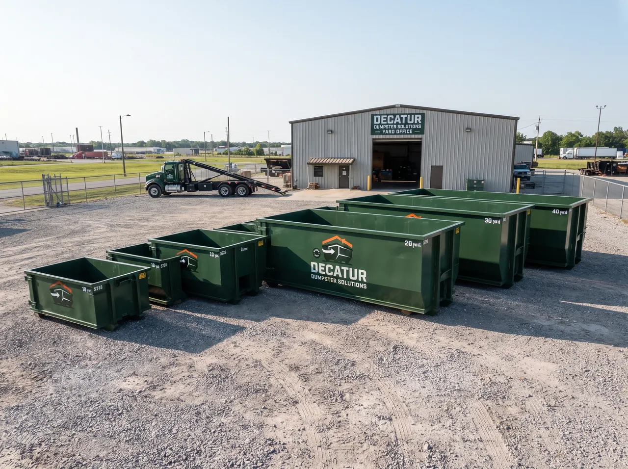 Green roll-off dumpster available for rental in Warrensburg, Illinois