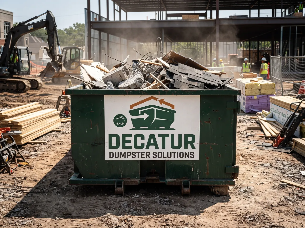 Green roll-off dumpster on an active Decatur construction site filled with building debris