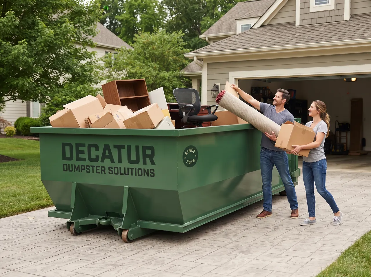 Green roll-off dumpster available for rental in Decatur, Illinois